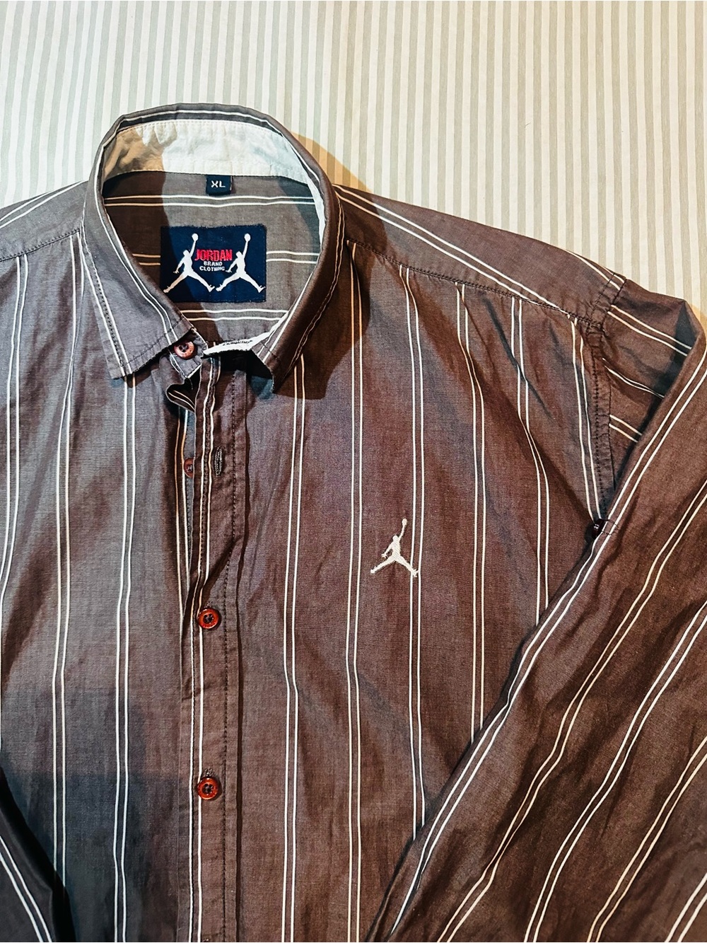 Jordan Men’s Brown Pinstripe Long-Sleeve Shirt with White Logo